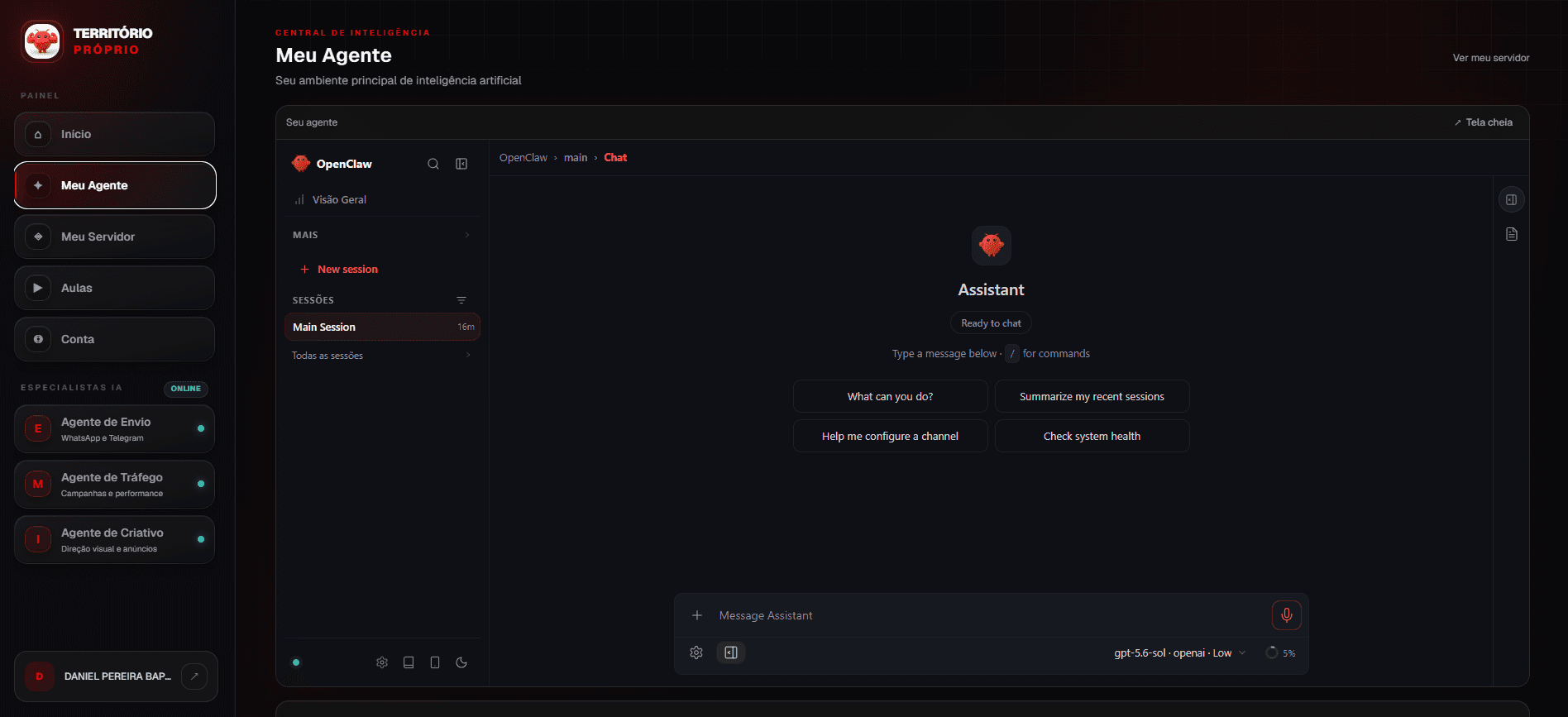 Central real do OpenClaw com o assistente principal pronto para conversar