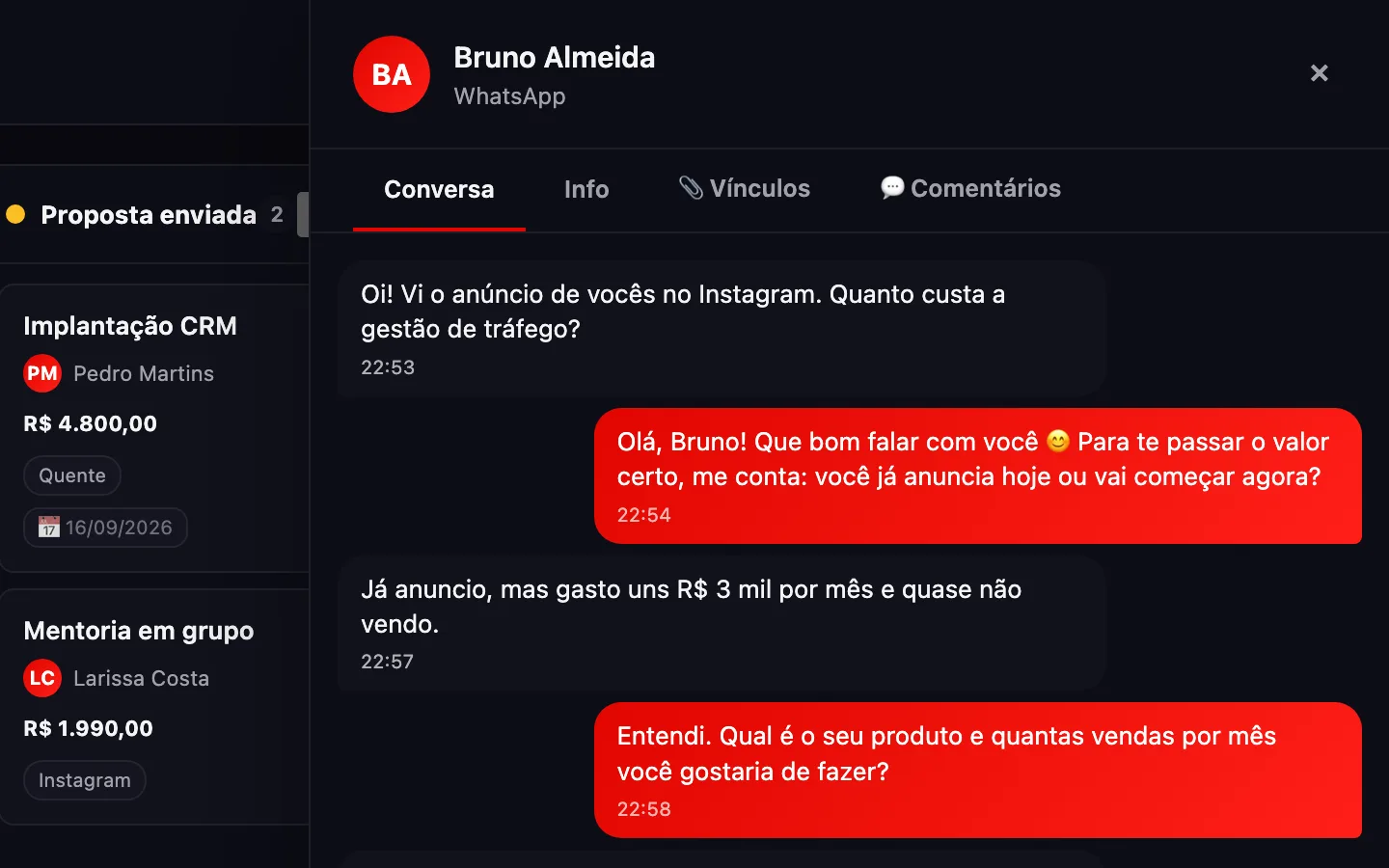 Conversa de WhatsApp dentro do card do cliente no System Clow