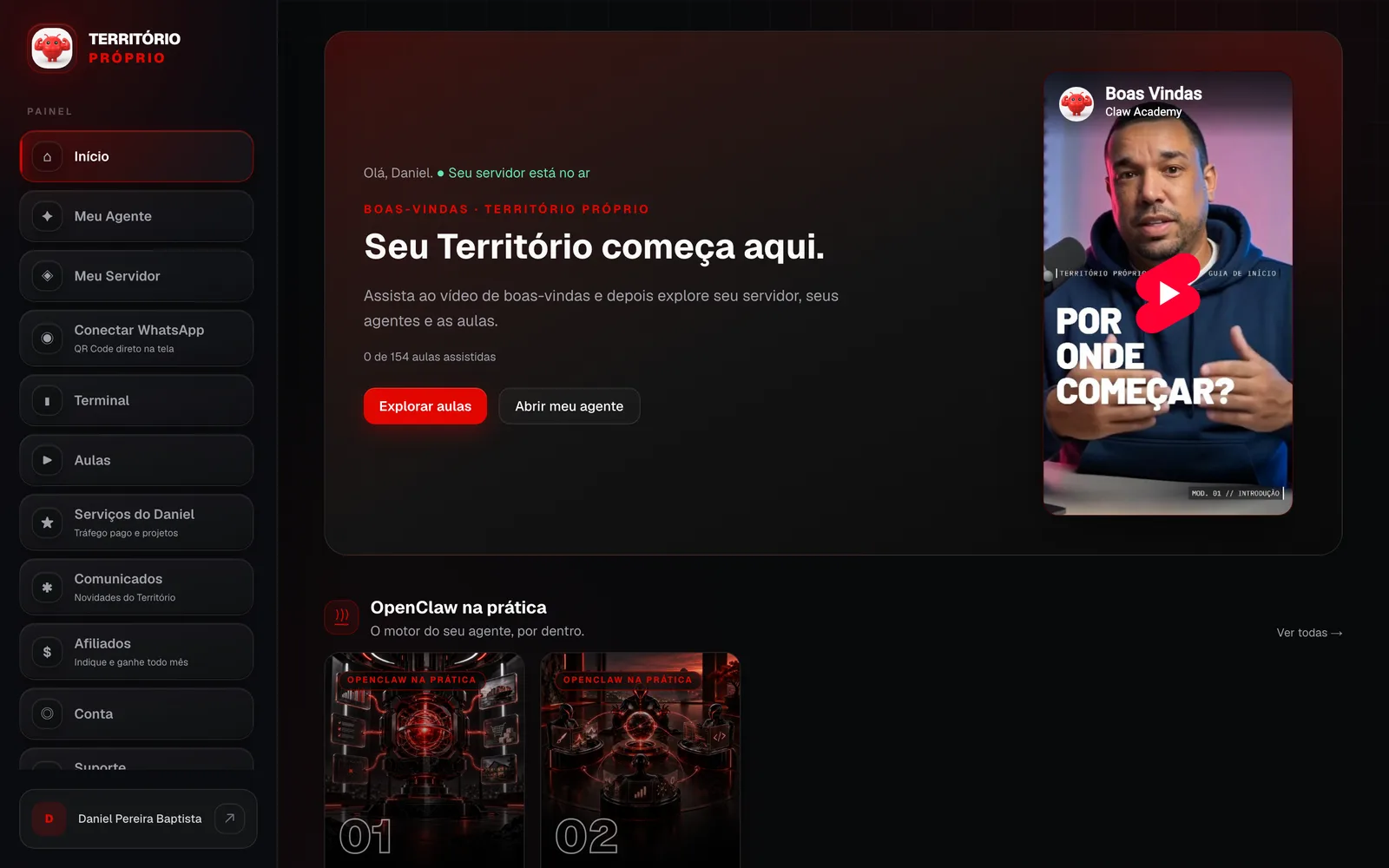 Tela inicial do painel com o vídeo de boas-vindas e a próxima aula