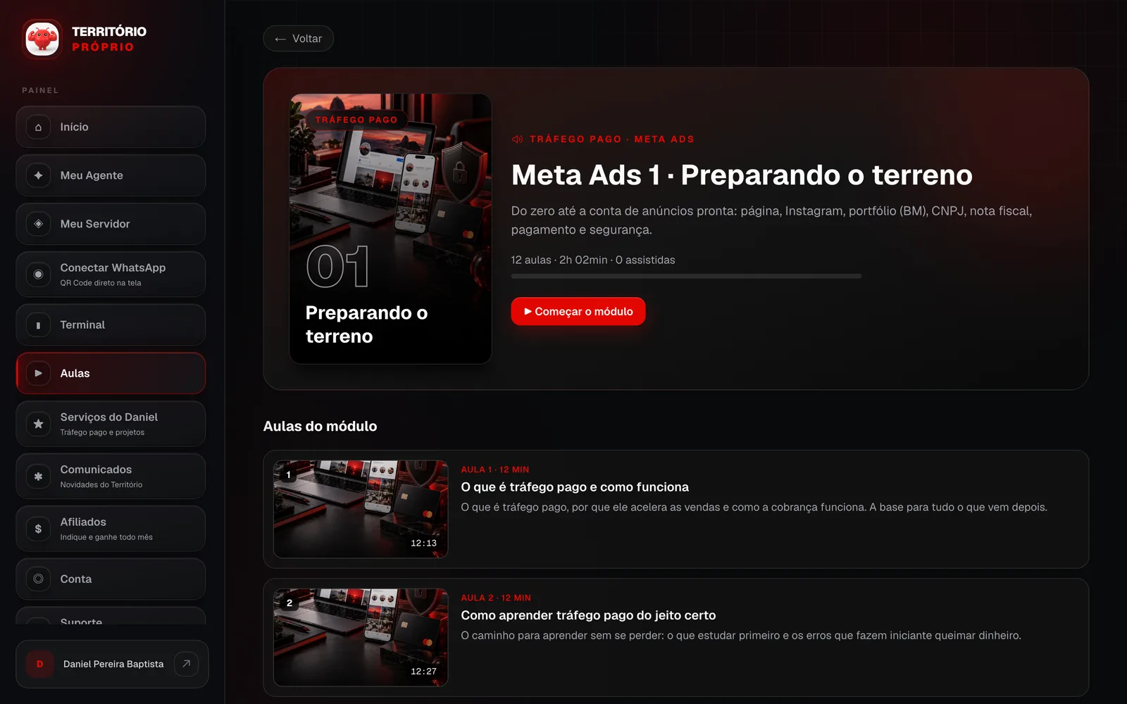 Página de um módulo de Meta Ads com a lista de aulas
